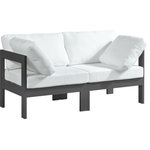 Meridian Furniture - Nizuc Water Resistant Patio Modular Straight Sofa, White, 2-Piece: 2 Corner Chair, Dark Gray Aluminum Frame - Pick and choose your favorites from the Nizuc collection to create a modular seating group the whole gang will enjoy. The sturdy aluminum frame provides dependable support for friends and family as they relax and unwind, and the resilient white water resistant fabric stands up to the elements without losing its beautiful demeanor, so you can count on it lasting for the long haul. Latches beneath these seating pieces help you easily attach them to one another for convenient setup.