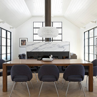 ブリッジポートの広いコンテンポラリースタイルのLDKの画像 (石材の暖炉まわり、白い壁、淡色無垢フローリング)