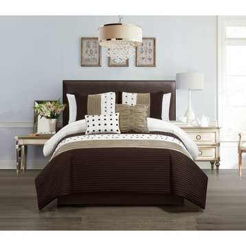 Chic Home Lainy ComforterSet Color Block Pleated-Decorative Pillows Shams -Brown