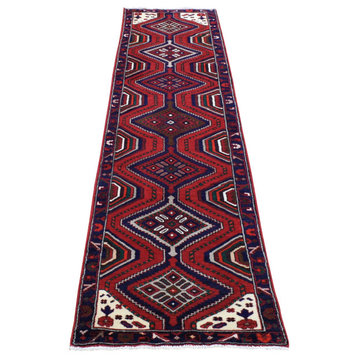 Red Clean Hand Knotted Vintage Persian Hamadan Full Pile Runner Rug, 2'7"x10'0"