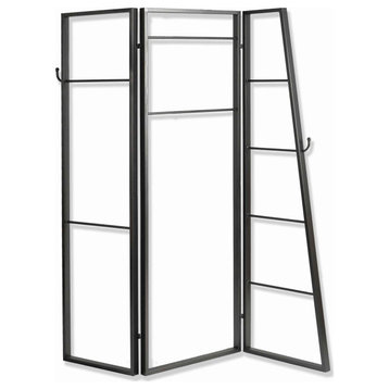 Modern Style 3 Panel Metal Screen With Hooks And Rod Hangings, Black