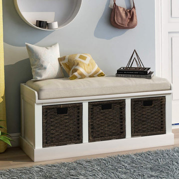 Entryway Rustic Storage Bench with 3 Removable Basket and Cushion