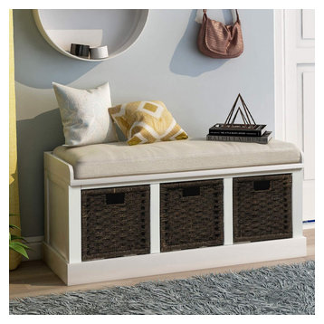 Entryway Rustic Storage Bench with 3 Removable Basket and Cushion
