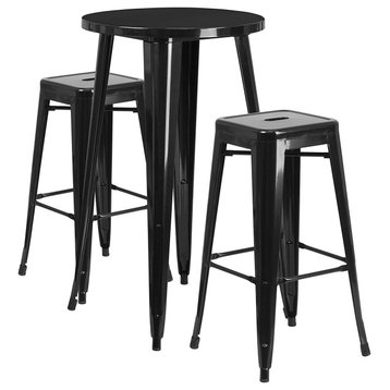 3 Pieces Patio Bistro Set, Round Table With Backless Square Bar Stools, Black