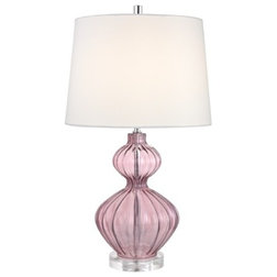 Modern Table Lamps Pink Glass Table Lamp With White Barrel Drum Shade, 2286