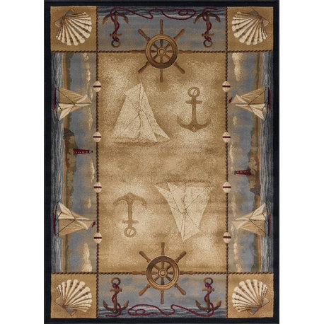 Seashore Nautical Novelty Lodge Pattern Beige Rectangle Area Rug, 4' x 5'