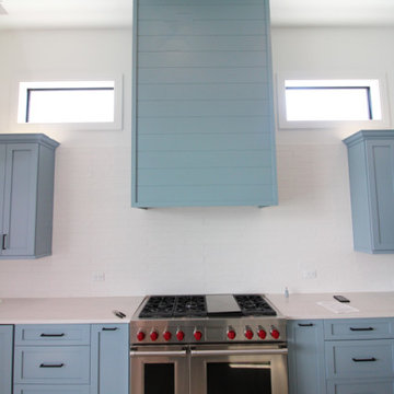Custom Made Kitchen Range Hood Cover with Shiplap, Painted Existing Cabinetry