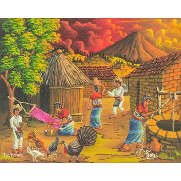 Novica Weaver Colorful Oil Painting of A Village Scene, Guatemala