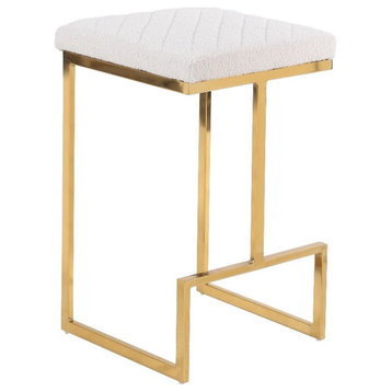 Filomena White Boucle Fabric Upholstered Tufted Kitchen Gold Metal Counter Stool