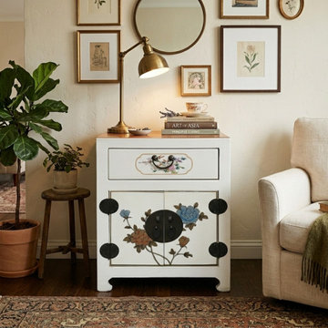 Chinese Off White Vinyl Moon Face Flower Graphic End Table Nightstand ws4931