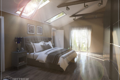 Идея дизайна: большая хозяйская спальня в стиле модернизм с бежевыми стенами и паркетным полом среднего тона