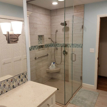 Bathroom Remodel with Glassed In Shower, Taj Mahal Vanity & Custom Cabinets