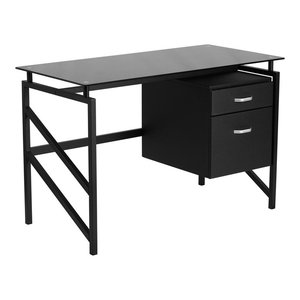 Flash Furniture Black Glass Computer Desk With 3 Drawer Pedestal