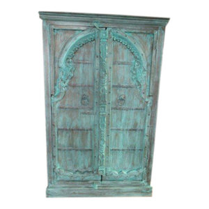 Mogul Interior - Consigned Jodhpur Distressed Teal Mehrab Arch-Doors Storage - Armoires And Wardrobes