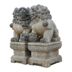 Chinese Large Pair Distressed Gray Stone Fengshui Foo Dogs Statues - Garden Statues And Yard Art
