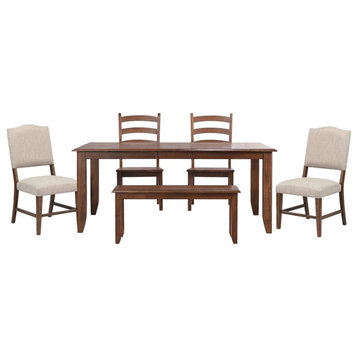 Simply Brook 6PC Extension Dining Set Performance Fabric Chairs Bench Brown Wood
