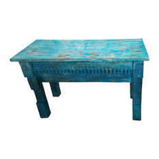 Mogulinterior - Consigned Distressed Blue Wooden Antique Table Beautiful Hand Carved Console - Console Tables