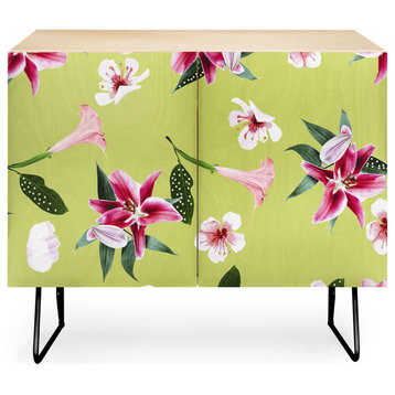 Deny Designs Pink and White Flowers Credenza, Birch, Black Steel Legs