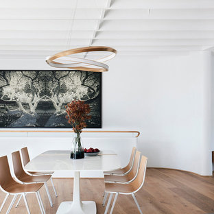 Photo of a contemporary open plan dining in Sydney with white walls, light hardwood floors, a standard fireplace and a concrete fireplace surround.