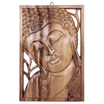 NOVICA Young Buddha And Wood Relief Panel