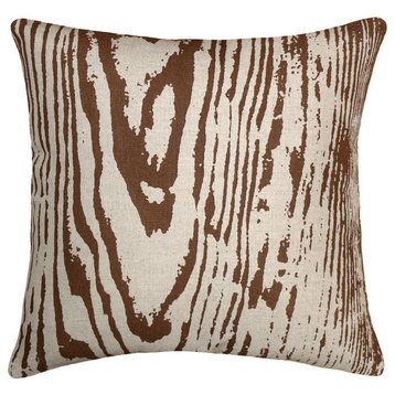 Faux Bois Printed Linen Pillow With Feather-Down Insert, Chocolate