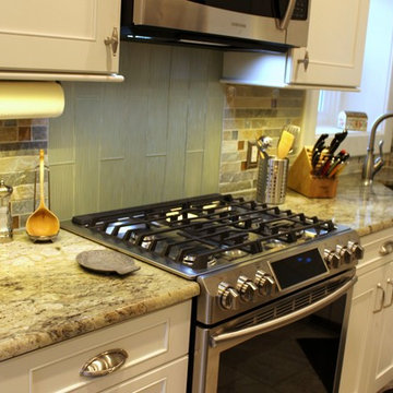 Transitional White and Gray Kitchen with Glass & Slate backsplash Tile