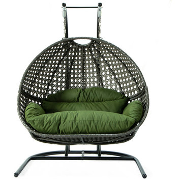 LeisureMod Wicker Hanging Double Egg Swing Chair, Dark Green