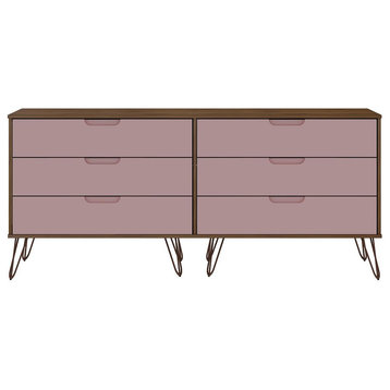 Manhattan Comfort Rockefeller 6-Drawer Double Low Dresser, Native/Rose Pink