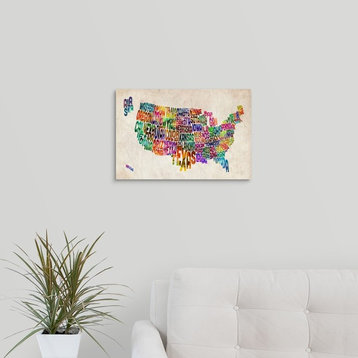 Map of USA showing State names in text  Wrapped Canvas Art Print, 18"x12"x1.5"
