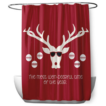 70"Wx73"L Cool Christmas Deer Shower Curtain, Haute Red