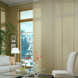 Panel Track Blinds | Contemporary Living Room | Brown & White | Glass Coffee Tab - Vertical Blinds