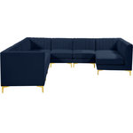 Meridian Furniture - Alina Velvet Modular U-Shaped Sectional, Navy, 8-Piece: 5 Armless Chair, 3 Corner Chair - Bring modern beauty to your space with the addition of this Alina Velvet Modular sectional. This beautiful sectional features deep channel tufting to ramp up its visual interest and add to its resilient demeanor. Its soft navy velvet upholstery blends nicely with existing elements in your room and is sleek to the touch, making this seat a super comfortable one. Part of the modular Alina collection, this sectional has a latch that attaches it to other pieces to create your custom seating arrangement.