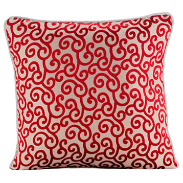 Red Burnout Velvet 24"x24" Red Scroll Pattern Pillow Shams, Cayenne Red Scrolls