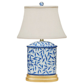 Blue and White Bamboo Floral Porcelain Oval Vase Table Lamp 19.5"