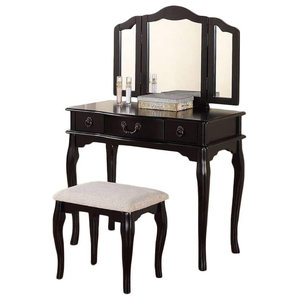 Traditional Vanity Set, Rubberwood Frame With Mirror & Cushioned Stool,  Black - Contemporary - Bedroom & Makeup Vanities - by Decor Love | Houzz