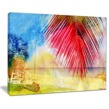 "Retro Palm Leaf Watercolor" Trees Painting Canvas Print, 20"x12"