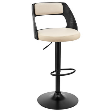 Paulo Adjustable Swivel Faux Leather and Wood Bar Stool With Metal Base, Cream and Black