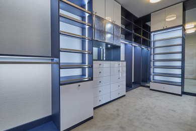 Mid-sized transitional gender-neutral walk-in wardrobe in Dallas with flat-panel cabinets, white cabinets, carpet and grey floor.