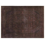 Bareens Designer Rugs - Antique Vintage Distressed Love Purple/Brown Wool Rug  - 6'10" x 9'8" - A mesmerizing addition to any decor, this brand-new hand knotted vintage wool rug featuring vibrant colors and a traditional design is made by skilled artisans capable of creating the most exceptional Persian knotted rugs. Harnessing the natural energy of the sun, each rug is organically neutralized from its original color, distressed and then saturated in an infusion of a bold vibrant color pallet to give it a fresh perspective and modern appeal. This masterpiece draws its inspiration from traditional and timeless rug designs, which provides both harmony and contrast bringing a phenomenal twist in any decor. An intricate design and exquisite coloration make this wool rug a standout piece for any room.