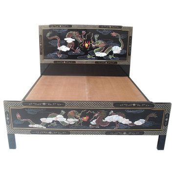 Oriental Bed, Chinese Black Lacquer Hand Painted Dragons, 64" Queen