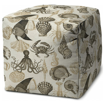 17" Beige and Gray Polyester Cube Coastal Indoor Outdoor Pouf Ottoman
