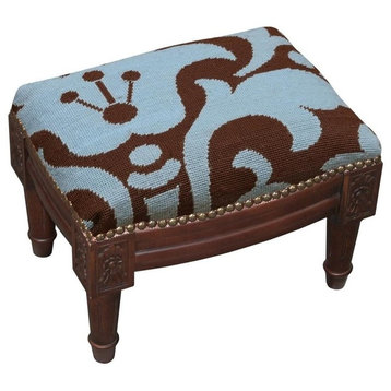 Damask Wool Needlepoint Wooden Footstool, Blue and Brown