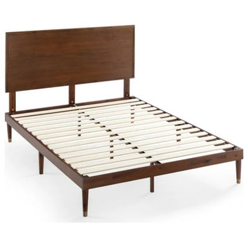 Midcentury Platform Bed, Acacia Wood Frame & Adjustable Panel Headboard, Queen