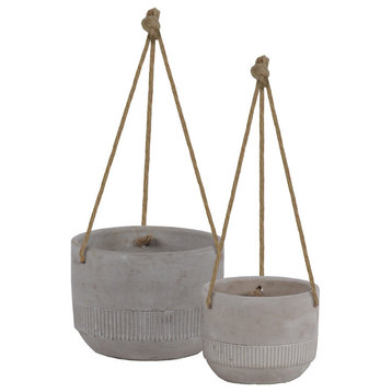 2-Piece Cement Round Decorative Pot Set With Rope Hanger
