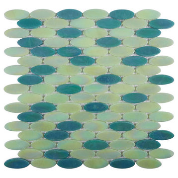 Mosaic Glass Tile Oval Shape For Swimming Pool Wet Area & More, Mixed Green
