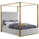 Meridian Furniture - Jones Upholstered Bed, White, King, Vegan Leather - Dream big in the Jones white velvet canopy bed. This handsome Meridian Furniture bed has a channel tufted headboard, giving the bed a regal and sophisticated look. The headboard is tufted for added elegance, and the bed comes with a brushed brass metal canopy, adding to its overall elegance and grandeur. White velvet fabric used on the sides and headboard gives it a luxe vibe, and the headboard is heavily padded, making it an ideal backrest for reading or watching TV.