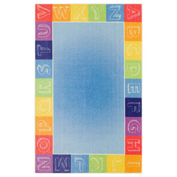 Alphabet Border Area Rug, Medium Blue, 5' x 8'