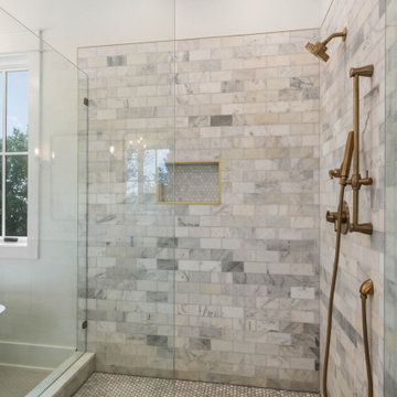 Spa-Like Modern Farmhouse Master Bath: Double Marble Vanity, Freestanding Tub, G