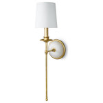 Regina Andrew - Southern Living Fisher Sconce Single - Add a touch of elegant style to your home with the Fisher Sconce. With a serene, cast metal and alabaster dome backplate finished in antiqued gold, this fixture brings a touch of sophistication to any decor. A natural linen shade completes the refined look atop a delicate candle cup and long, decorative stem. Place this elegant sconce in a bathroom, entryway or on either side of a bed for gentle, gilded illumination.