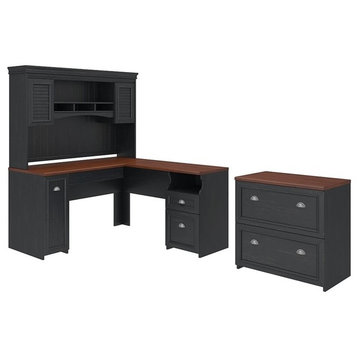 Bush Furniture Fairview L Desk with Hutch & File Cabinet in Antique Black